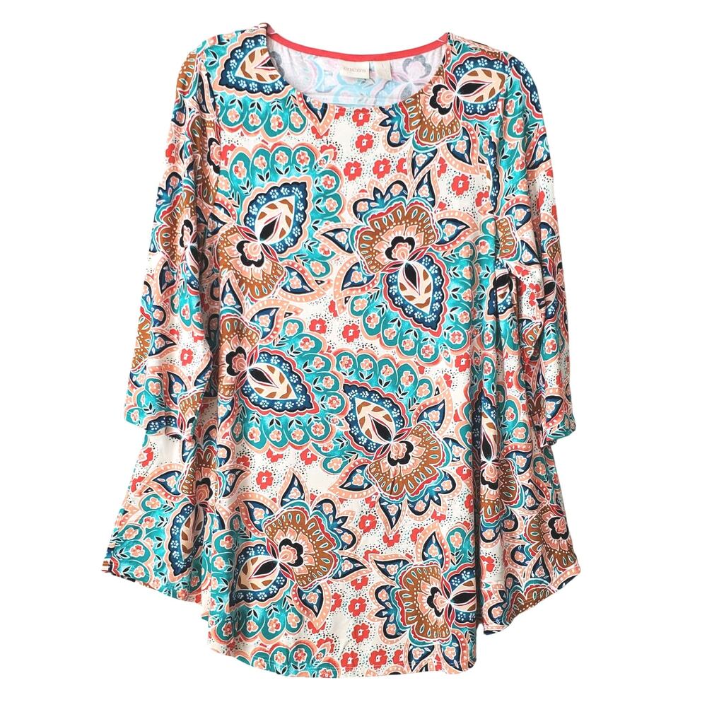 Chicos Women Tunic Top M 1 Colorful Paisley Multicolor Swingy Stretch Jersey NEW